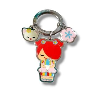 Island Yumi | 3-Charm Keyring with Shave Ice Girl/Kitty/Hibiscus Enamel Charms